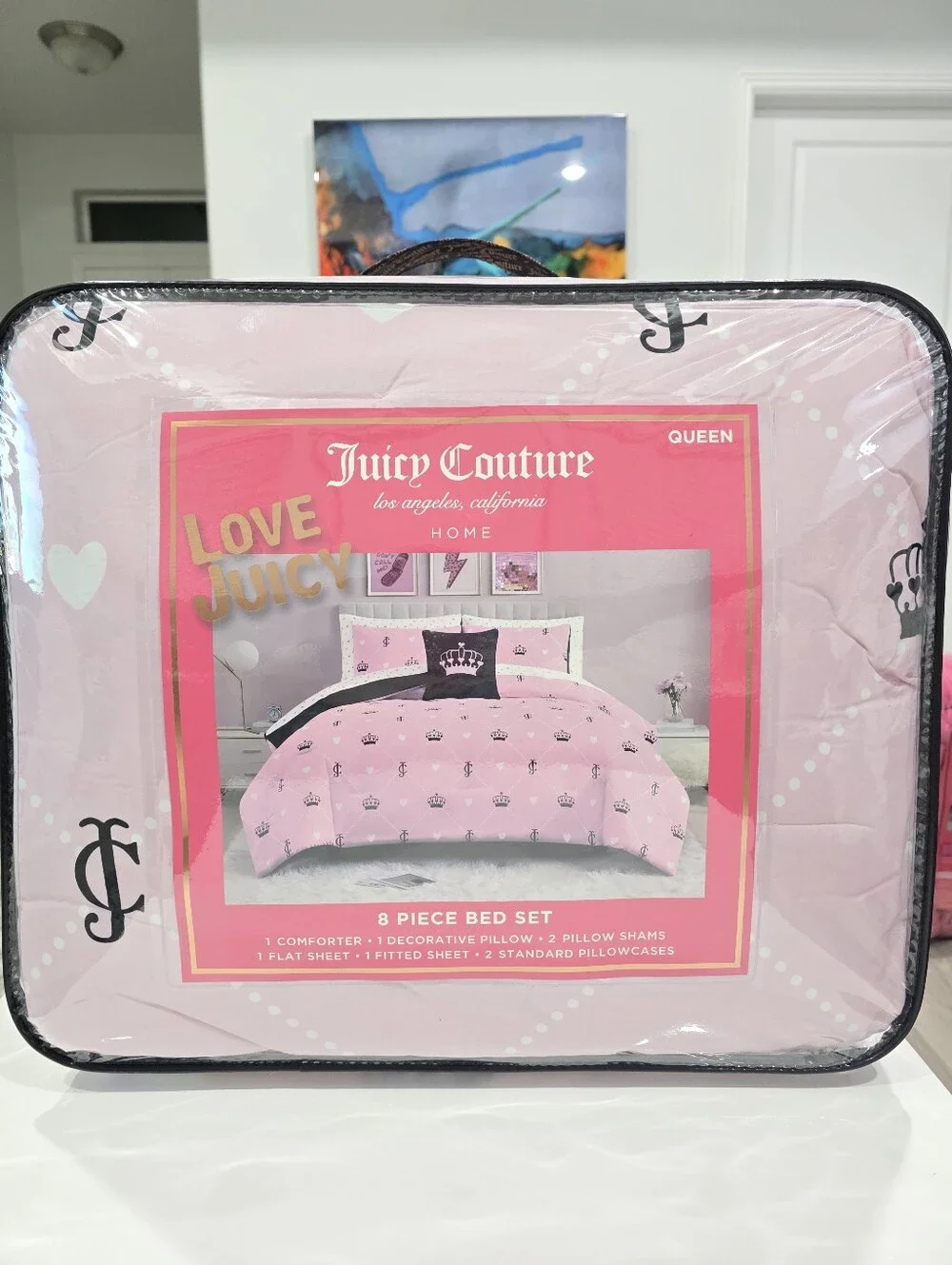 Juicy Couture QUEEN Hearts Crown JC Print 8 Piece Pink Comforter Set